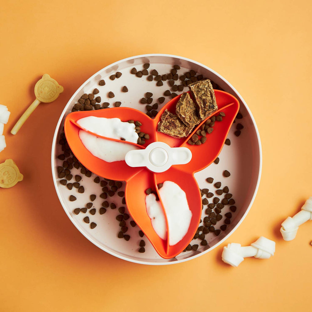 vue de haut avec croquettes gamelle ludique spin petdreamhouse orange en forme de fleur 